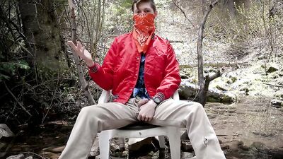 Amateur masked cap is stroking his pecker deep in the forest