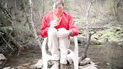 Amateur masked cap is stroking his pecker deep in the forest