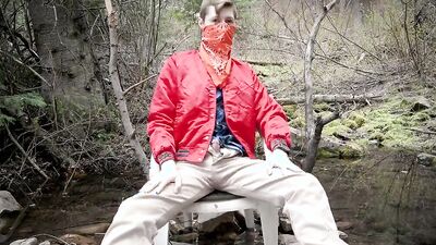 Amateur masked cap is stroking his pecker deep in the forest