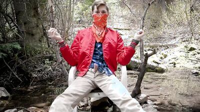 Amateur masked cap is stroking his pecker deep in the forest