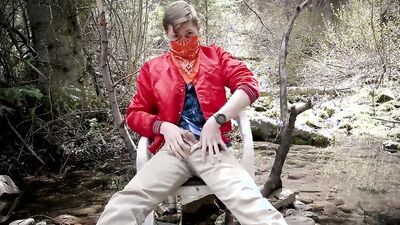 Amateur masked cap is stroking his pecker deep in the forest
