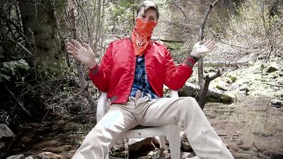 Amateur masked cap is stroking his pecker deep in the forest