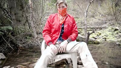 Amateur masked cap is stroking his pecker deep in the forest