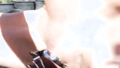 Perverted stepdad is playing with his pecker in the backyard