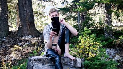 Skinny masked bloke is having some fun inside the forest