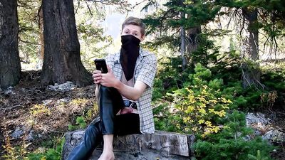 Skinny masked bloke is having some fun inside the forest