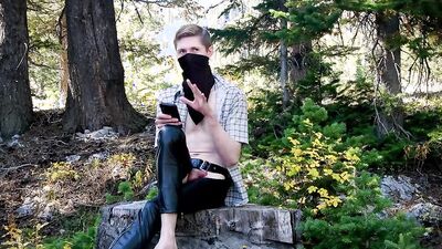 Skinny masked bloke is having some fun inside the forest