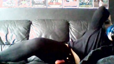 Masked femboy strokes his toy in front of the camera