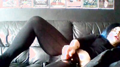 Masked femboy strokes his toy in front of the camera