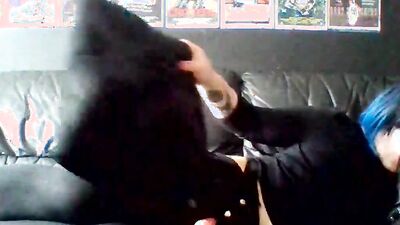 Masked femboy strokes his toy in front of the camera