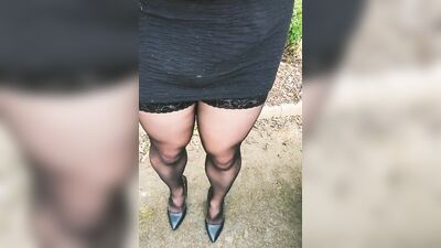 Amateur femboy is stroking his big dick in the public