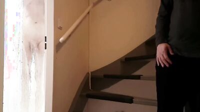 Naughty bloke jerks his cock while watchin a mate showering