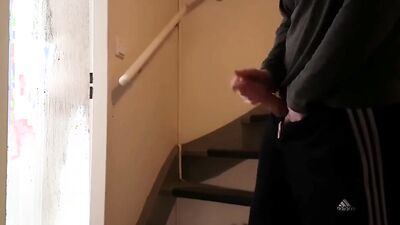 Naughty bloke jerks his cock while watchin a mate showering