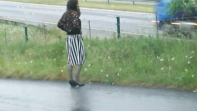 Amateur femboy is flashing his pecker while walking in public