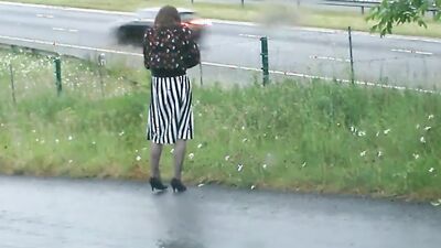 Amateur femboy is flashing his pecker while walking in public