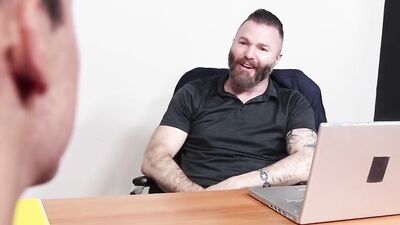Bearded bloke bends on a table and gets shagged by a colleague