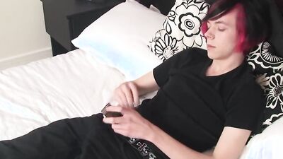 Skinny emo is playing with his pecker inside the bedroom