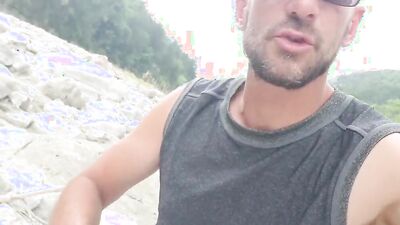 Amateur gay bloke is stroking his pecker out in the open