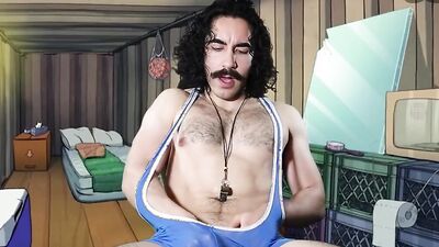 Longhaired mustache fellow is masturbating in front of the camera