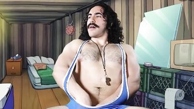 Longhaired mustache fellow is masturbating in front of the camera