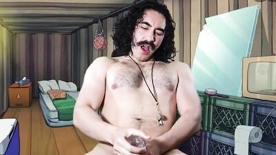 Longhaired mustache fellow is masturbating in front of the camera