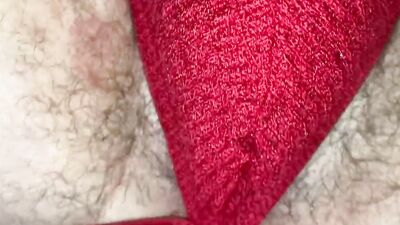 Nerdy amateur bloke rides a dildo while wearing red panties