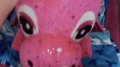 Lad rubs his hard willy on a cute pinky dinosaur