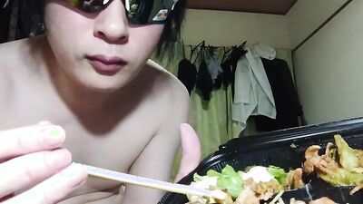 Amateur Japanese guy is eating in front of the camera