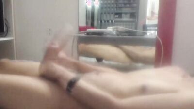 Horny amateur bloke is jerking his hard willy inside the bedroom