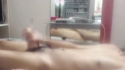 Horny amateur bloke is jerking his hard willy inside the bedroom