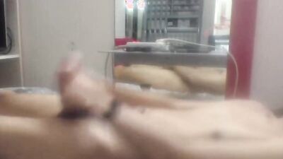 Horny amateur bloke is jerking his hard willy inside the bedroom