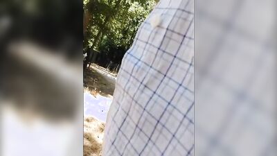 Chubby amateur stepdad is jerking his pecker out in the open