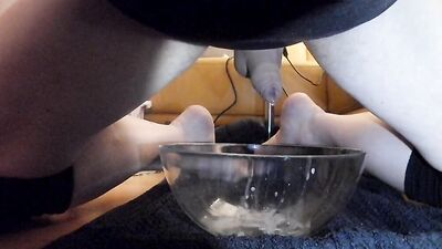 Amateur lad jerks off in a bowl while filming himself