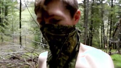Skinny masked Russian is jerking off deep inside the forest