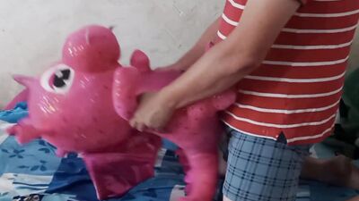Naughty amateur chap is rubbing his pecker on a cute pinky dinosaur