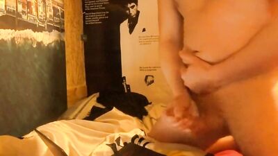 Amateur gay chap is stroking his phallus inside the basement