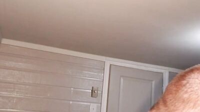 Chubby amateur bloke is wrapping his slimy mouth around huge dildo