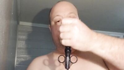 Pervertes chubby fellow is wrapping his slimy motu around huge dildo