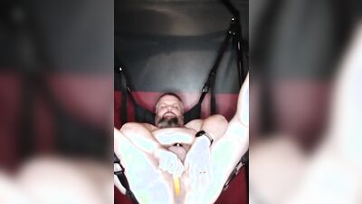 Naughty bear is stroking his hard willy inside the tent