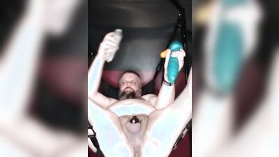 Naughty bear is stroking his hard willy inside the tent