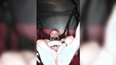 Naughty bear is stroking his hard willy inside the tent