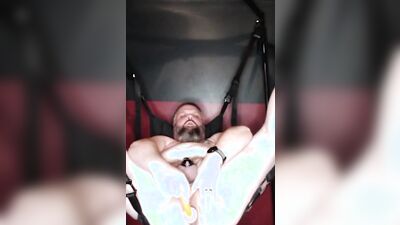 Naughty bear is stroking his hard willy inside the tent