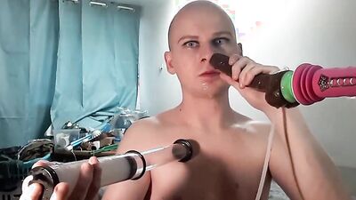 Cock hungry sissy gets his mouth destroyed with a mechanical dildo