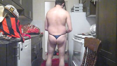 Perverted amateur bloke is playing with a cock in the kitchen