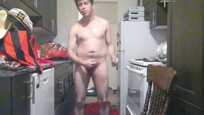 Perverted amateur bloke is playing with a cock in the kitchen