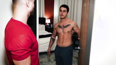 Tattooed guy gets his juicy hole nailed with neighbor's cock