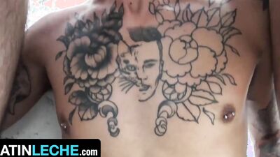 Cock hungry tattooed bloke gets fucked in amateur outdoor 3some