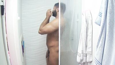 Amateur bearded blokes are filming themselves while taking a shower