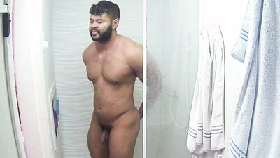 Amateur bearded blokes are filming themselves while taking a shower