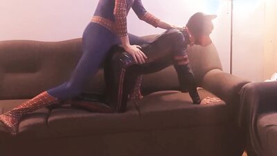 Full leather bloke bends on the couch and gets shagged by horny spiderman